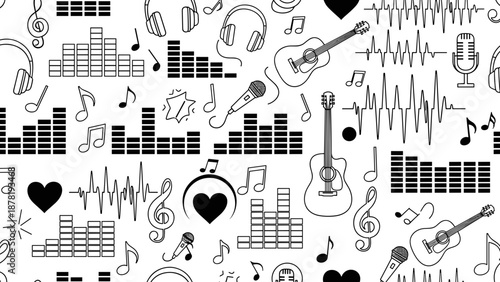 Black music icons and symbols on with guitars and headphones