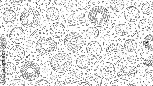 A black and white illustration of various donuts and fast food items