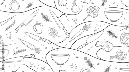 Black and white illustration of kitchen utensils and vegetables