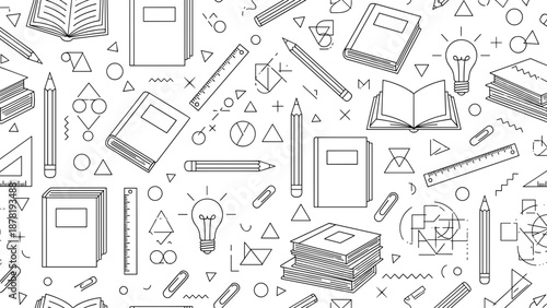 Black and white illustration of various school supplies and books scattered