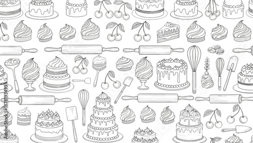 Black and white illustration of various baking tools and desserts