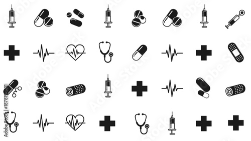 Medical icons and symbols in black
