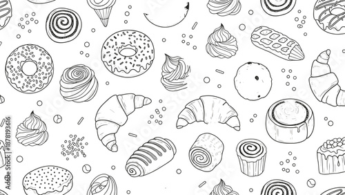Black and white illustration of various sweet baked goods
