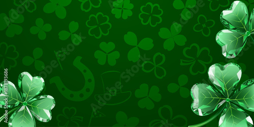 St Patricks day illustration with diamond-like clover and subtle symbols on green background.