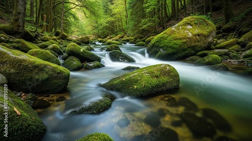 Serene forest stream with moss-covered rocks and flowing water, tranquil nature scene.