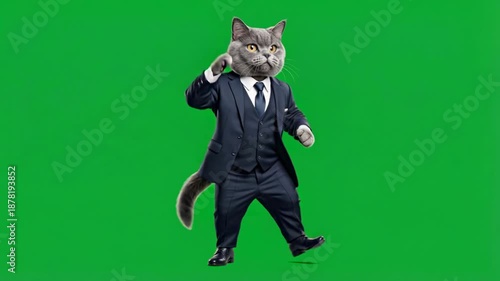 Funny cat character dressed in business suit dancing enthusiastically on green screen chroma key