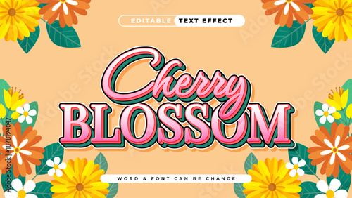 Editable Cherry Blossom Text Effect with Floral Accents on a Soft Orange Background