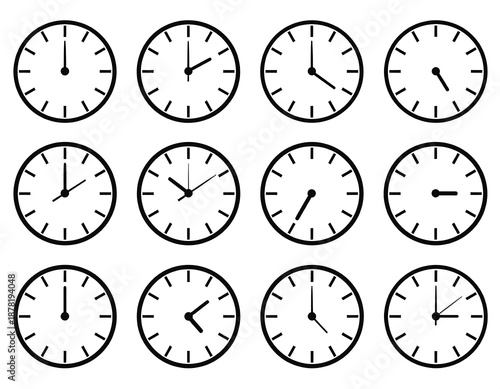 Free Download A grid displays twelve simple, black-and-white analog clocks, each showing a different time, ranging from 12 o'clock to 3 o'clock and back - GFXLoad