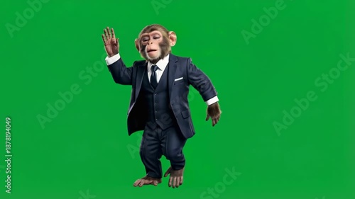 Funny monkey character dressed in business suit dancing enthusiastically on green screen chroma key