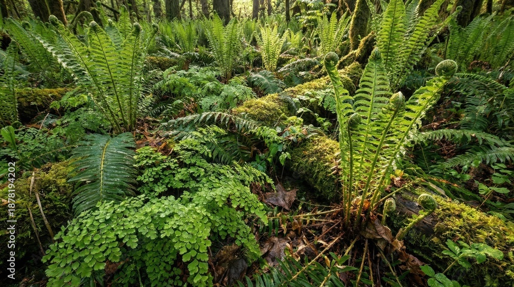 Fototapeta premium Lush ferns and moss in a verdant, shadowed forest.