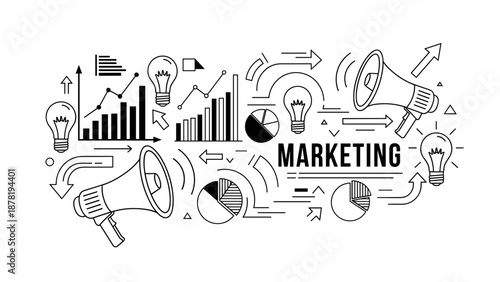 Black and white marketing icons and symbols illustration