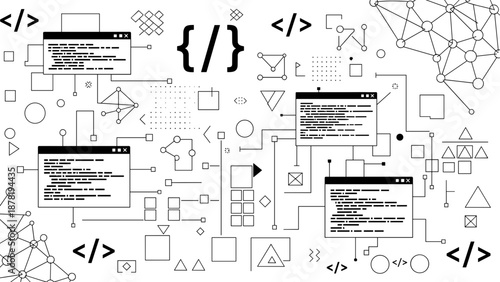 Black and white illustration of coding symbols and browser windows