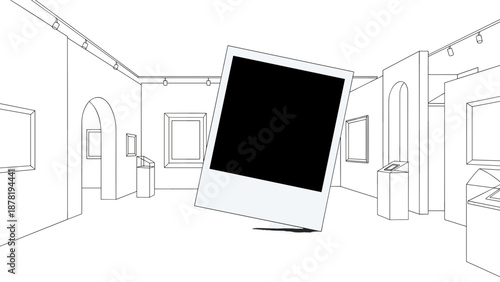 A large computer monitor in a room with several doorways and archways