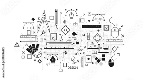 Collection of various design and drafting tools and symbols in black