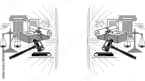 Black and white illustration of law symbols with gavel and scales