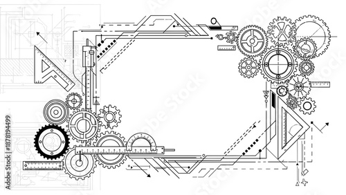 Technical drawing of mechanical gears and machinery components