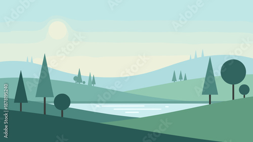 Serene landscape with trees and lake on green hills under sunny sky