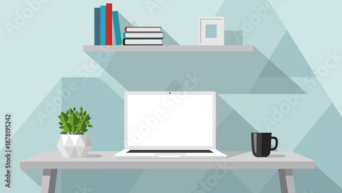 Laptop computer on a desk with books and plant in a modern workspace setting