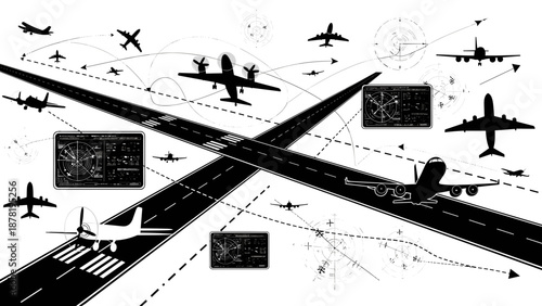 Air traffic control illustration with planes on runways and flight paths