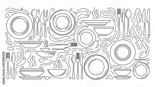Black and white illustration of various kitchen utensils and dishes