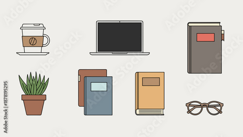 Collection of office and study items on a light gray background