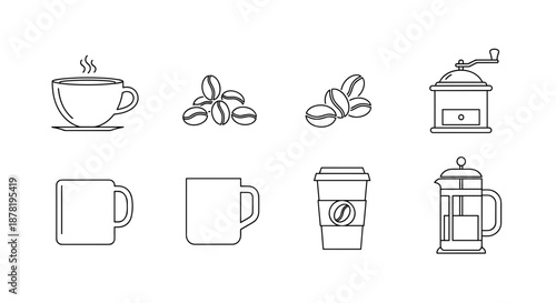 Set of coffee and tea icons in line art style