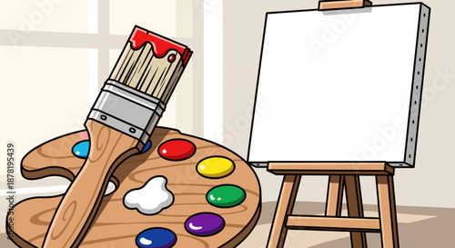 Colorful paintbrush and palette with blank canvas on easel indoors