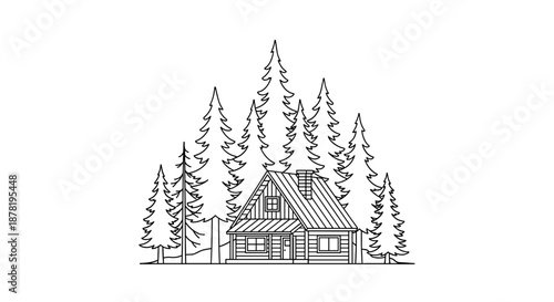 A line drawing of a house surrounded by tall pine trees
