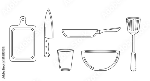 Kitchen utensils and dishware in a line drawing style