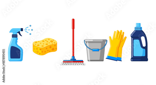 Cleaning supplies and tools on for household chores
