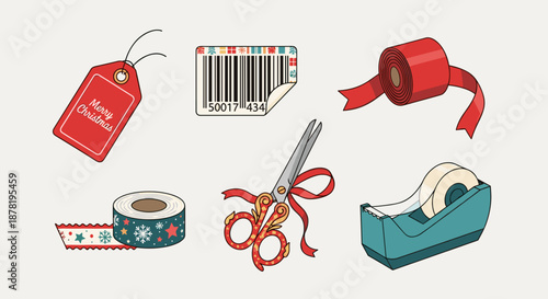 Colorful illustration of gift wrapping supplies on a light gray background