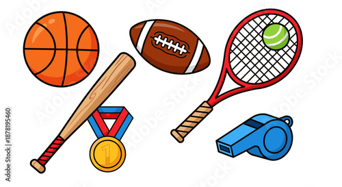 Collection of sports equipment and medals