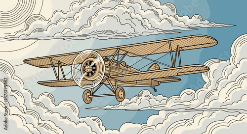 Vintage biplane flying through fluffy white clouds in the sky