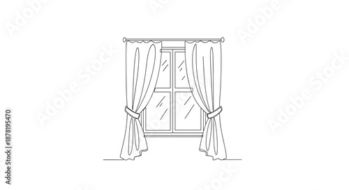 A line drawing of a window with tied back curtains