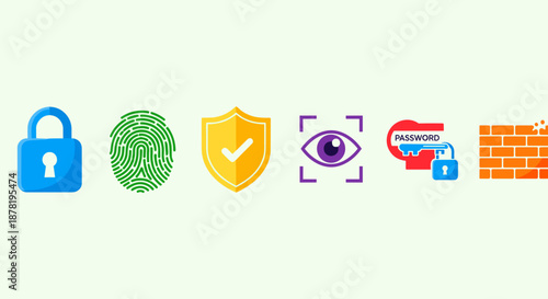 Collection of security and protection icons on a light green background