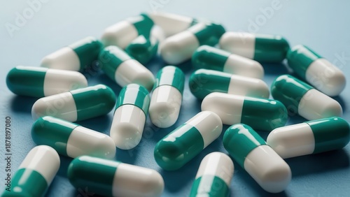 Colorful Green and White Capsules Scattered on a Blue Background, Representing Medication and Health