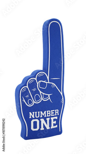 A blue foam finger pointing upwards with the words NUMBER ONE displayed prominently
