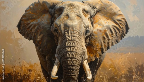 A majestic elephant strides toward the viewer, its massive form dominating the frame. Earthy tones blend with a golden ambiance