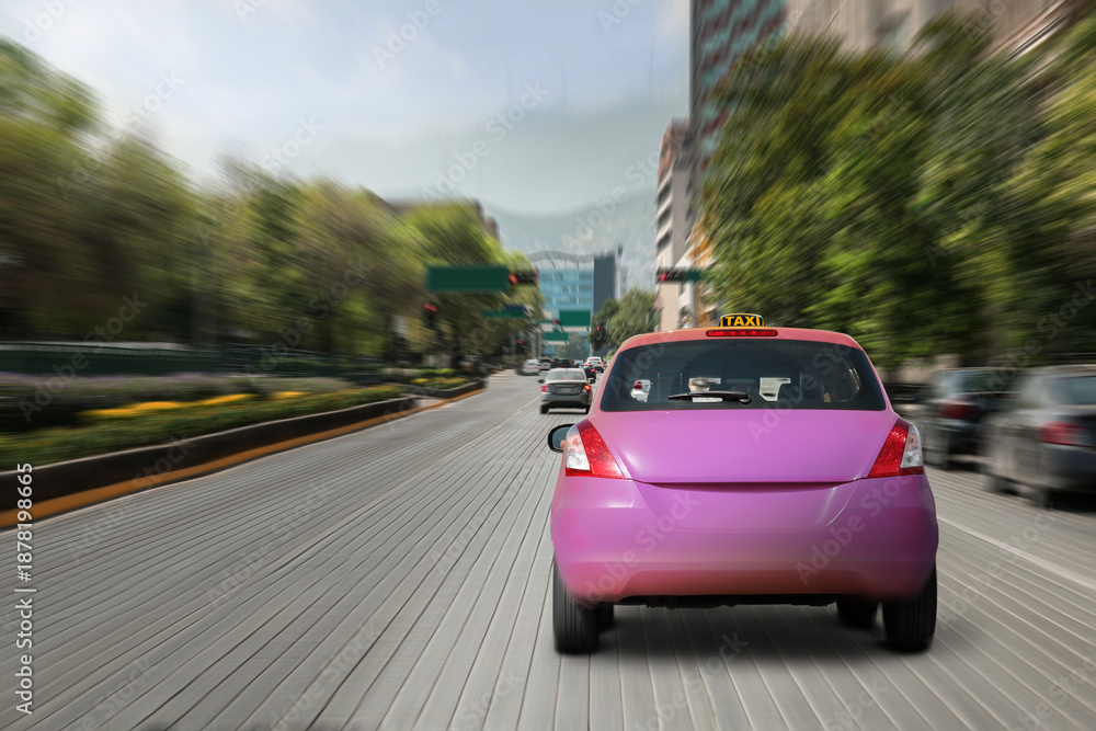 Naklejka premium Violet taxi car driving on city street, motion blur