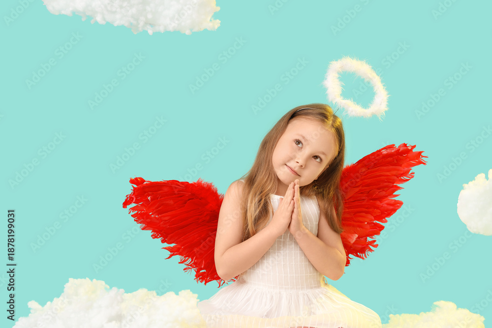 Fototapeta premium Cute little girl dressed as cupid sitting on cloud against blue background. Valentine's Day celebration