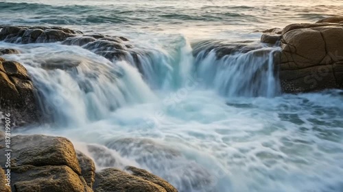 Ocean waves crashing over rocks, creating small waterfalls, serene coastal landscape