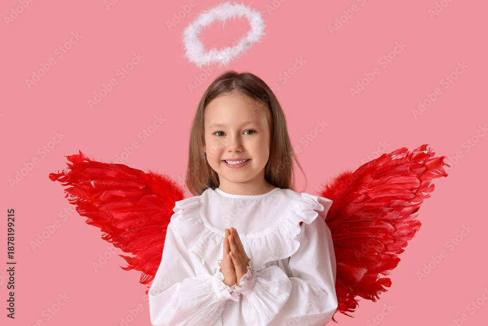Fototapeta premium Cute little girl dressed as cupid on pink background. Valentine's Day celebration