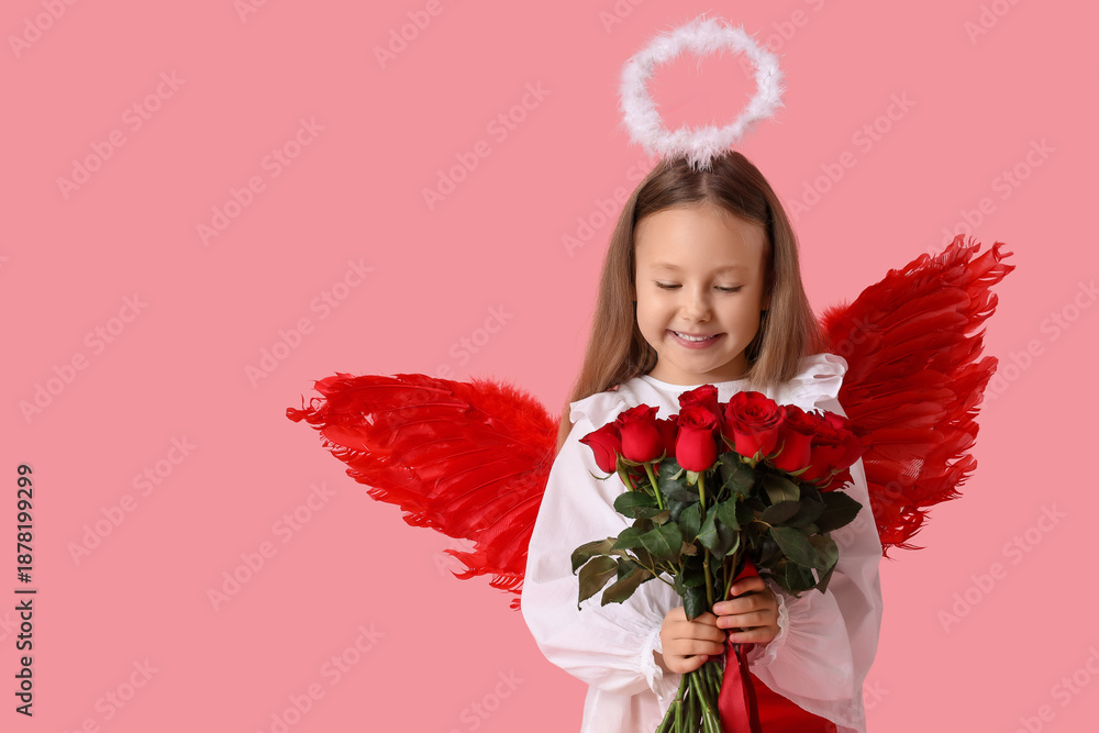 Fototapeta premium Cute little girl dressed as cupid with bouquet of beautiful rose flowers on pink background. Valentine's Day celebration