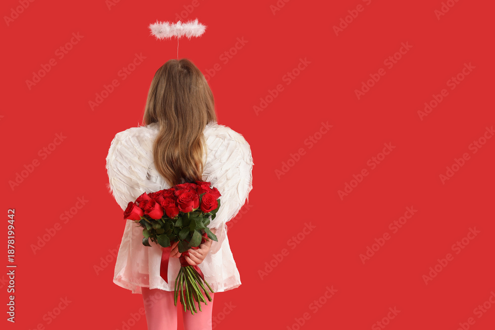 Fototapeta premium Little girl dressed as cupid with bouquet of beautiful rose flowers on red background, back view. Valentine's Day celebration