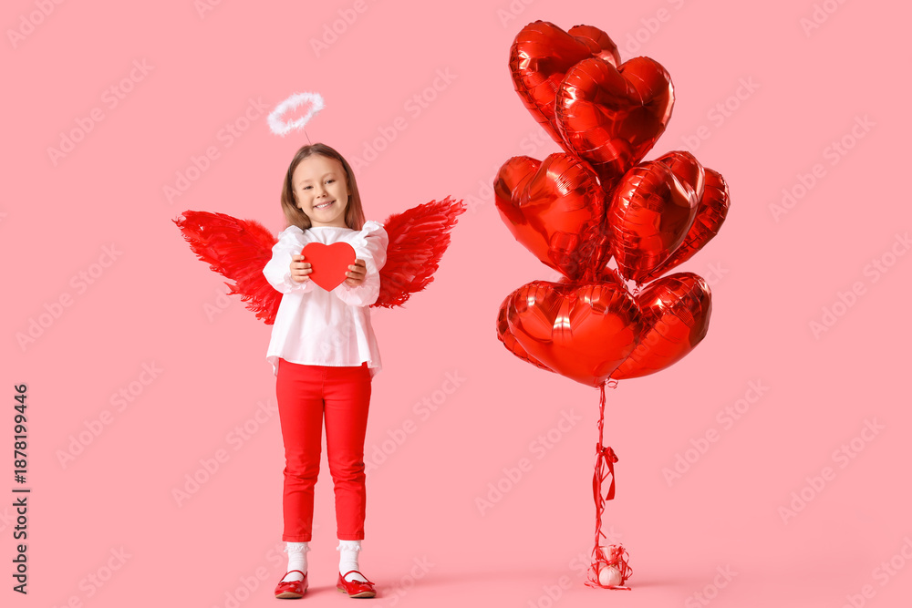 Fototapeta premium Cute little girl dressed as cupid with gift box and air balloons in shape of heart on pink background. Valentine's Day celebration