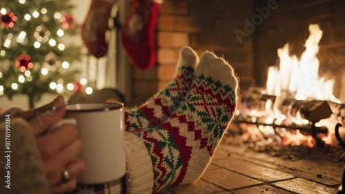 Cozy Christmas scene: Feet in festive socks by a warm fireplace and Christmas tree