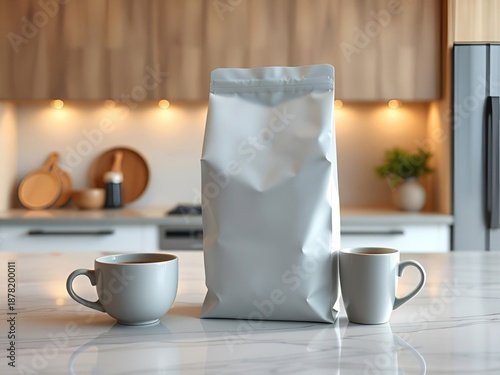 White stand up pouch mockup on modern kitchen counter with coffee cups