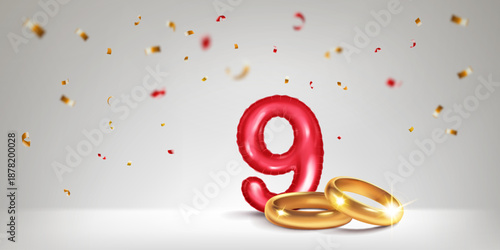 A red number 9 in the form of an inflatable balloon with two gold wedding rings, symbolizing the celebration of the ninth wedding anniversary, surrounded by colorful confetti, on light background.