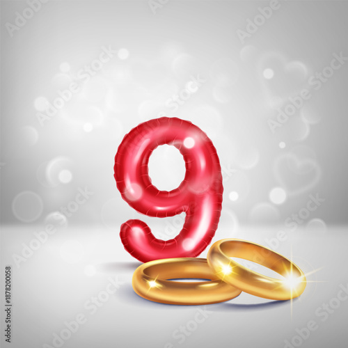 A red number 9 in the form of an inflatable balloon with two gold wedding rings, symbolizing the celebration of the ninth wedding anniversary, on a light background with small hearts flying around.
