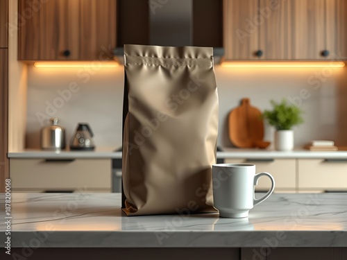 Brown kraft paper bag mockup on kitchen counter with blurred interior